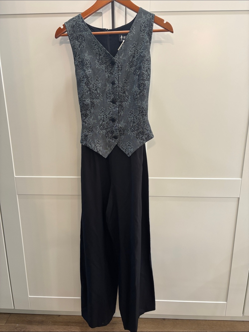 All That Jazz Charcoal Brocade Vest Jumpsuit with Black Wide-Leg Pants